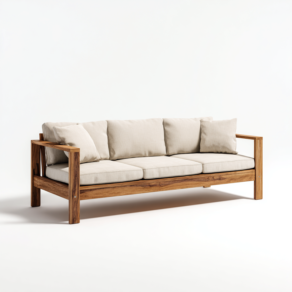 Canapé trois places en tissu beige et structure en bois couleur chêne naturel 195x85x85 cm - style moderne minimaliste pour salon-Comfysta