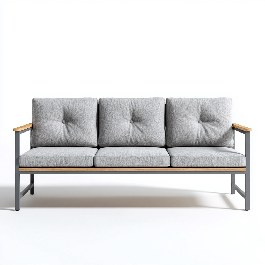 Canapé trois places en aluminium, bois et tissu 190x80x75 cm - gris clair/gris foncé/bois naturel - style minimaliste pour salon-Comfysta