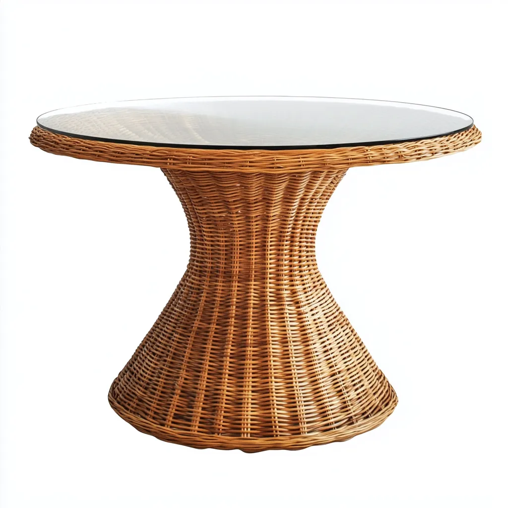 Table à manger ronde en rotin avec plateau en verre 100x100x75 cm - brun miel - style bohème chic-Comfysta