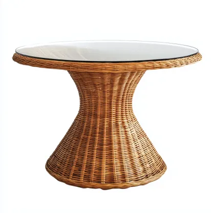 Table à manger ronde en rotin avec plateau en verre 100x100x75 cm - brun miel - style bohème chic-Comfysta