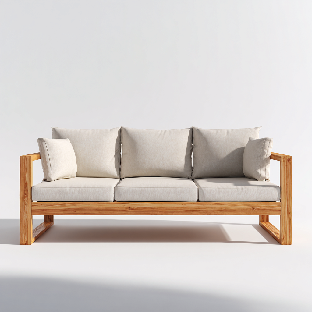 Canapé trois places en bois massif et tissu 190x80x75 cm - beige/bois naturel - style minimaliste pour salon-Comfysta