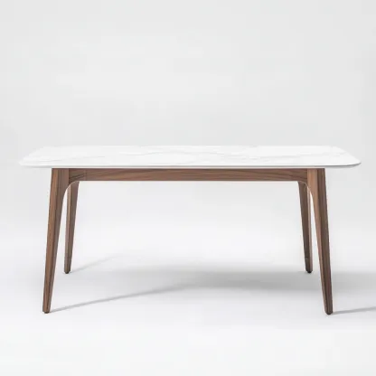 Table à manger rectangulaire avec plateau effet marbre et pieds en bois 160x90x75 cm - blanc/marron - style moderne-Comfysta