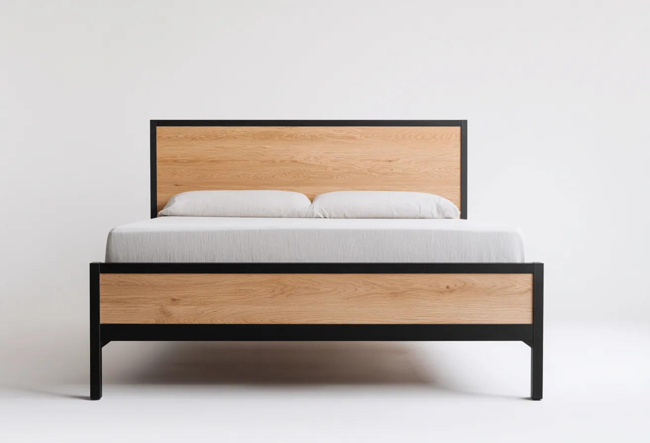Lit double en bois et métal 200x170x100 cm - style industriel - cadre noir et panneaux en chêne clair-Comfysta