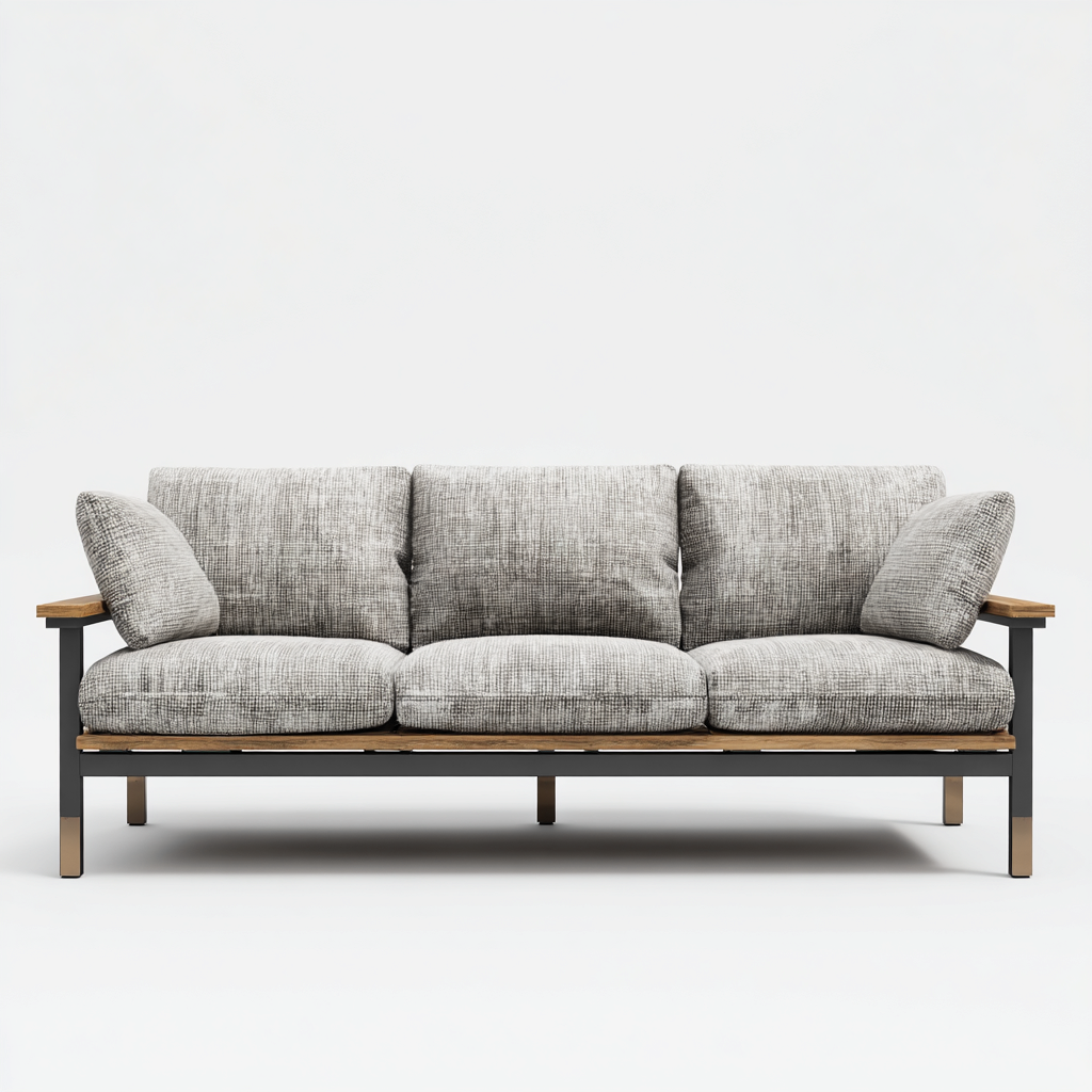 Canapé trois places en aluminium gris foncé et bois naturel avec tissu gris 190x75x80 cm - style moderne - pour salon contemporain-Comfysta