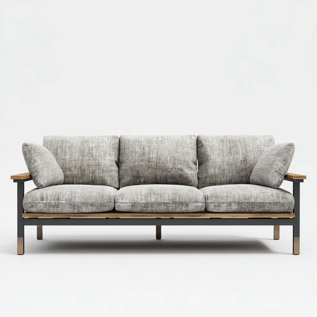 Canapé trois places en aluminium gris foncé et bois naturel avec tissu gris 190x75x80 cm - style moderne - pour salon contemporain-Comfysta