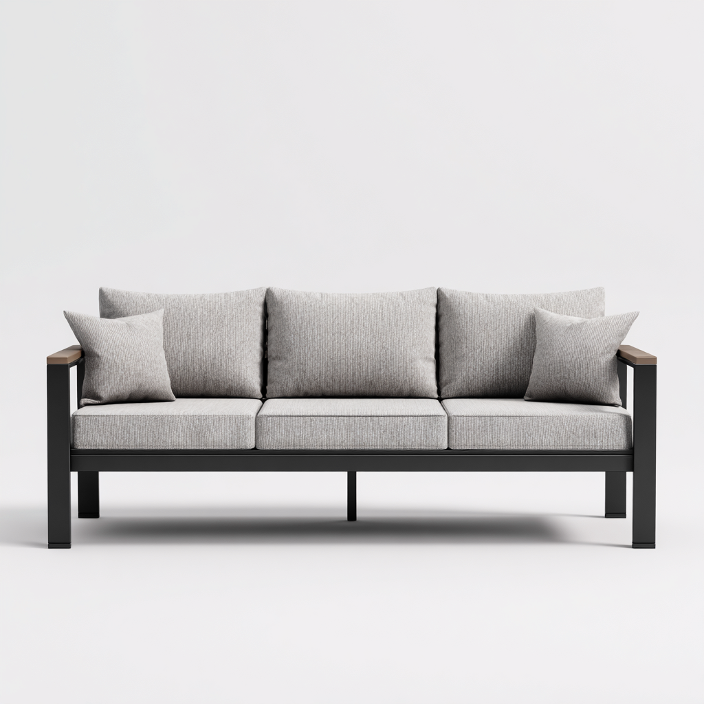 Canapé trois places en tissu gris clair et structure en métal noir avec accoudoirs effet bois 190x85x80 cm - style minimaliste pour salon - couleur noir/gris clair/bois-Comfysta