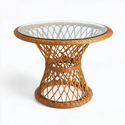 Table de salle à manger en rotin et verre 110x110x75 cm - brun naturel - design aéré-Comfysta