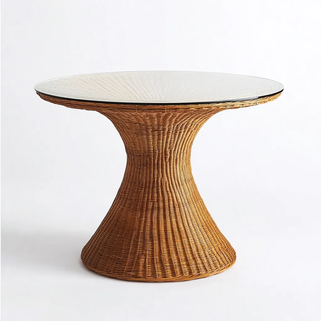 Table à manger ronde en rotin avec plateau en verre 90x90x75 cm - marron naturel - style bohème chic-Comfysta