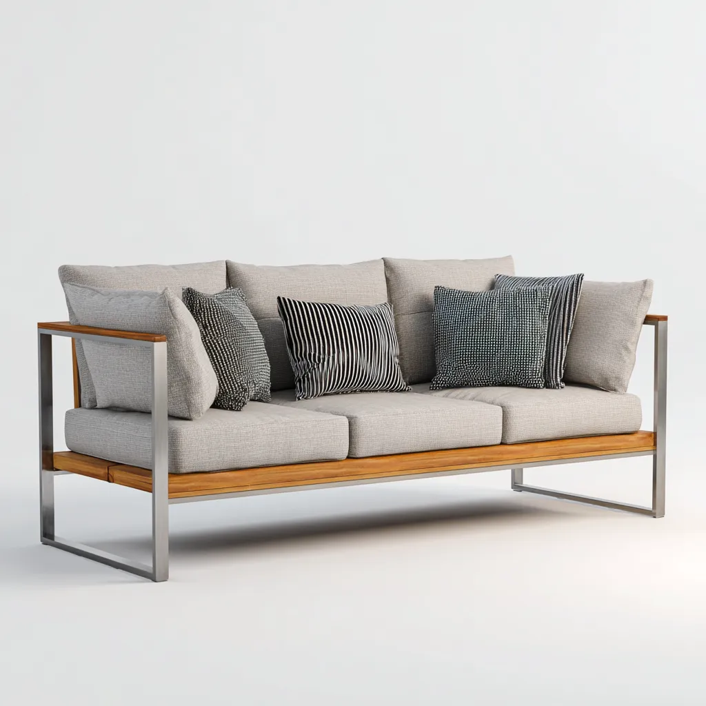 Canapé trois places en aluminium, bois et tissu 190x80x75 cm - beige/gris clair/bois naturel - style minimaliste pour salon-Comfysta