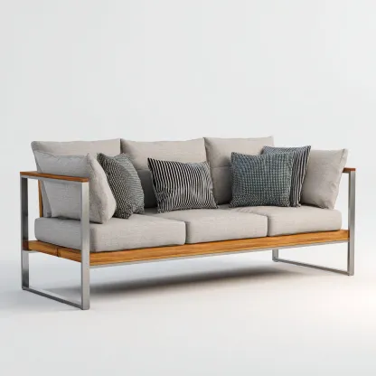 Canapé trois places en aluminium, bois et tissu 190x80x75 cm - beige/gris clair/bois naturel - style minimaliste pour salon-Comfysta