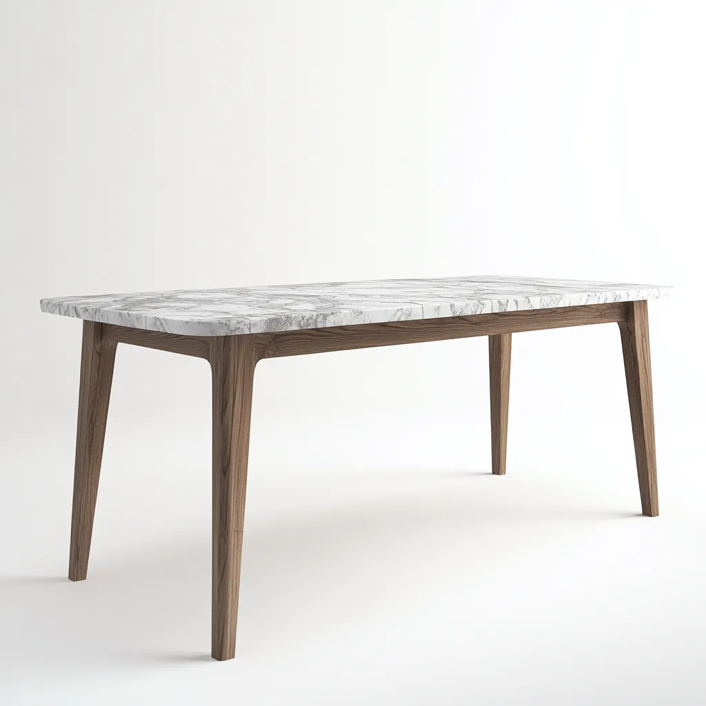 Table à manger rectangulaire avec plateau effet marbre et pieds en bois 160x90x75 cm - blanc/noyer - style moderne-Comfysta