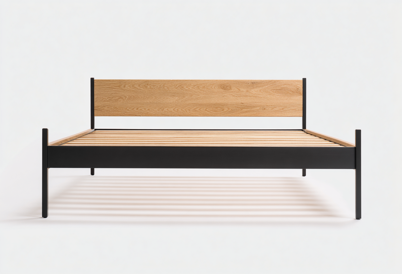 Lit double en métal et bois 200x170x100 cm - noir/chêne clair - style industriel contemporain-Comfysta