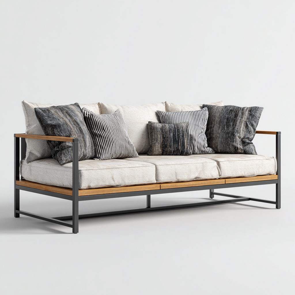 Canapé trois places en tissu beige clair et structure en métal gris foncé avec détails en bois naturel 190x85x85 cm - style moderne minimaliste pour salon-Comfysta