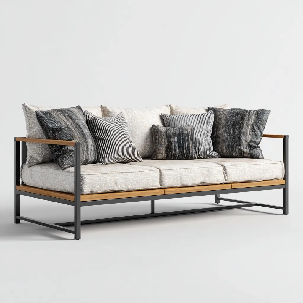 Canapé trois places en tissu beige clair et structure en métal gris foncé avec détails en bois naturel 190x85x85 cm - style moderne minimaliste pour salon-Comfysta