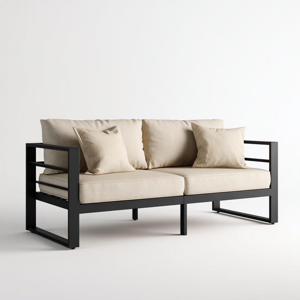 Canapé deux places en tissu beige avec structure en métal noir 160x85x80 cm - style minimaliste pour salon-Comfysta