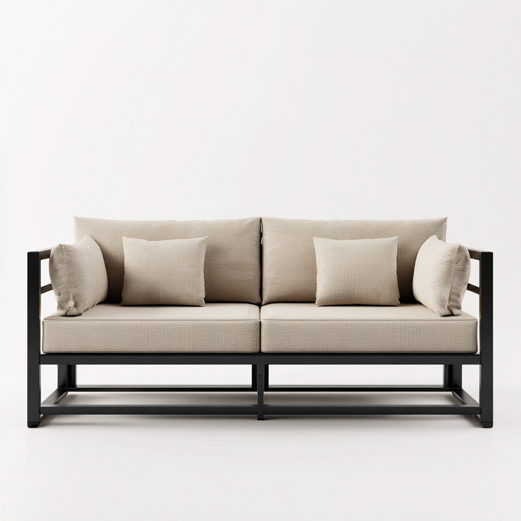 Canapé trois places en tissu beige avec structure en métal noir 190x85x80 cm - style minimaliste pour salon-Comfysta