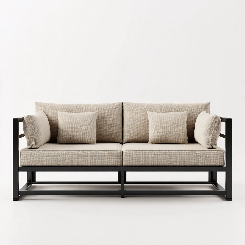 Canapé trois places en tissu beige avec structure en métal noir 190x85x80 cm - style minimaliste pour salon-Comfysta