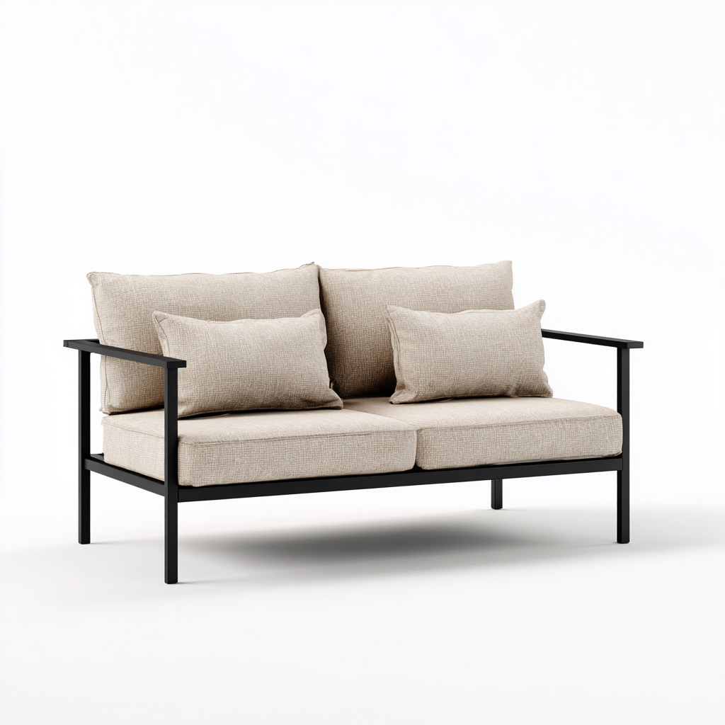 Canapé deux places en tissu beige et cadre métallique noir 150x78x82 cm - style moderne minimaliste pour salon-Comfysta