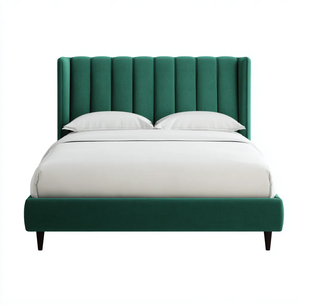 Lit double en tissu vert émeraude 200x160x100 cm - style moderne - tête de lit capitonnée à lignes verticales-Comfysta