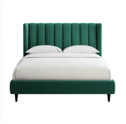 Lit double en tissu vert émeraude 200x160x100 cm - style moderne - tête de lit capitonnée à lignes verticales-Comfysta