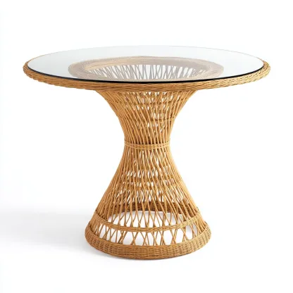 Table à manger ronde en rotin tressé et plateau en verre transparent 110x110x75 cm - naturel - style bohème-Comfysta