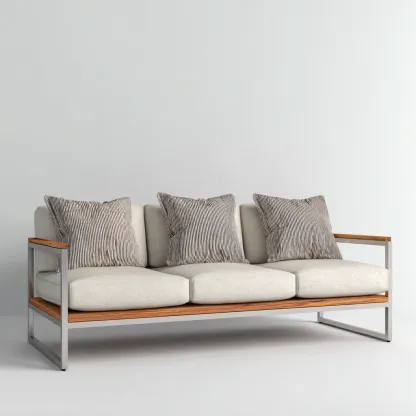 Canapé trois places en tissu beige clair et structure en métal gris clair avec détails en bois naturel 190x85x85 cm - style moderne minimaliste pour salon-Comfysta