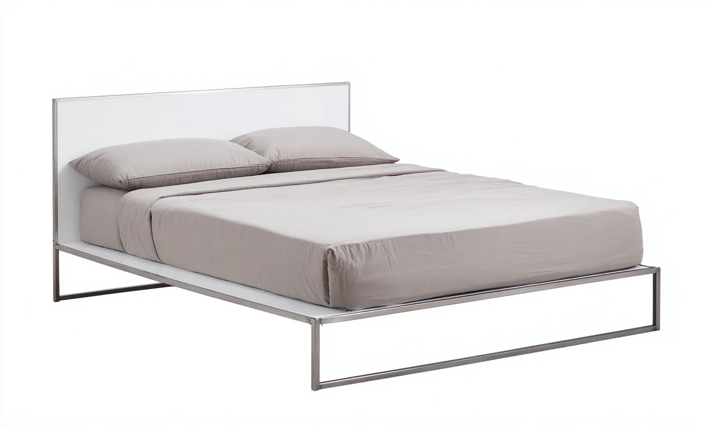 Lit double en métal clair et panneau blanc 200x170x95 cm - style minimaliste - cadre en acier gris clair avec tête de lit lisse-Comfysta