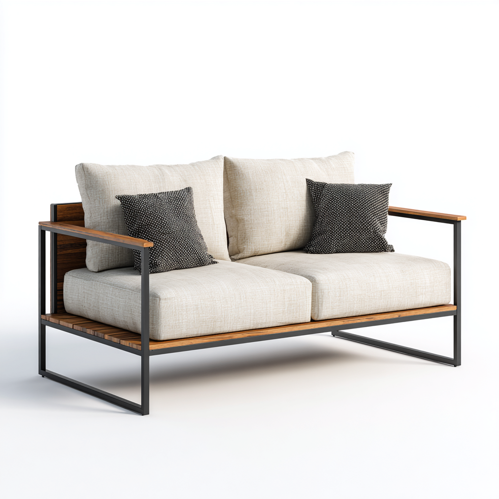 Canapé deux places en tissu beige clair avec structure en métal gris foncé et accoudoirs en bois naturel 170x85x80 cm - style minimaliste pour salon - couleur beige clair/gris foncé/bois naturel-Comfysta