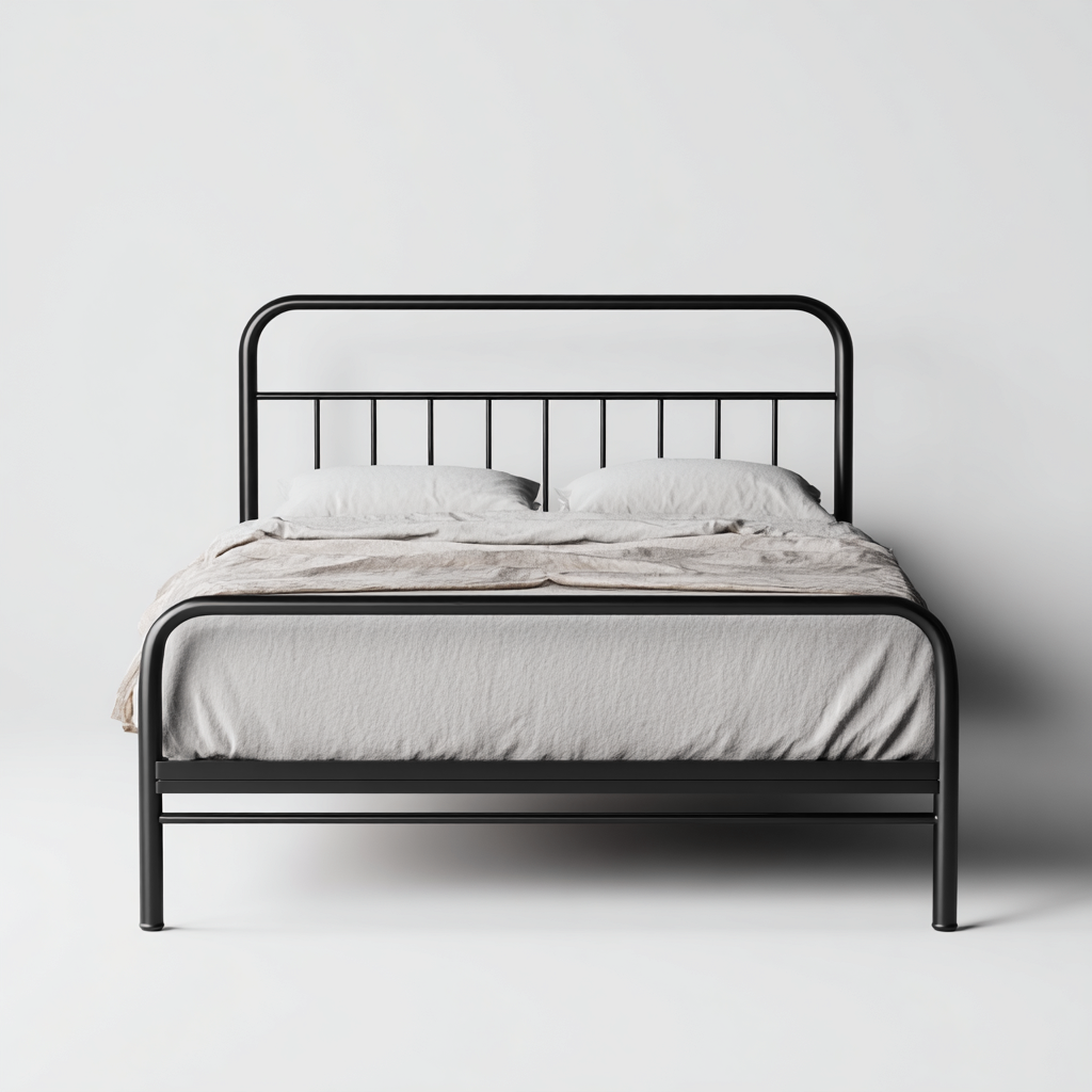 Lit double en métal noir 200x160x95 cm - style industriel - cadre tubulaire arrondi en acier peint-Comfysta