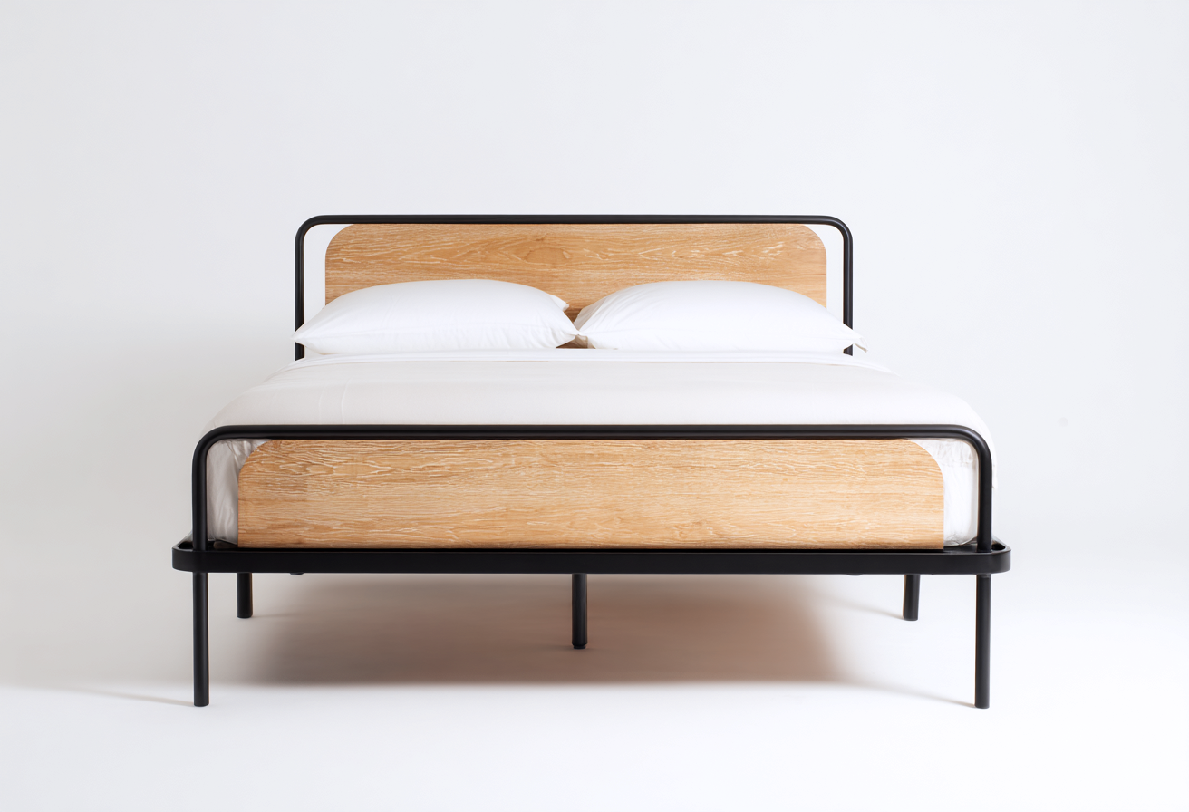 Lit double en bois et métal 200x160x95 cm - chêne clair/noir - style moderne industriel-Comfysta