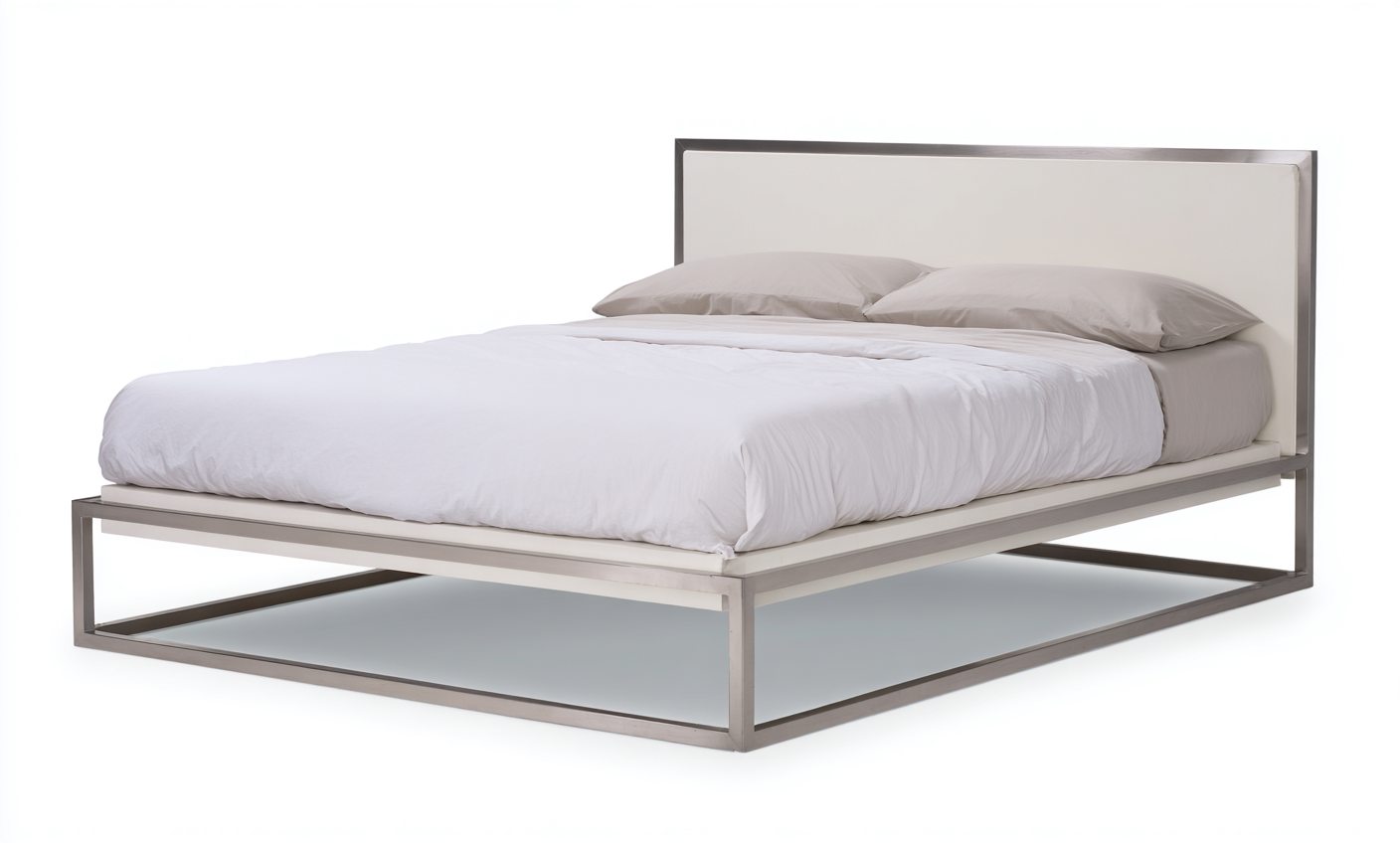 Lit double en métal et simili cuir 200x165x95 cm - gris clair/blanc - style moderne minimaliste-Comfysta