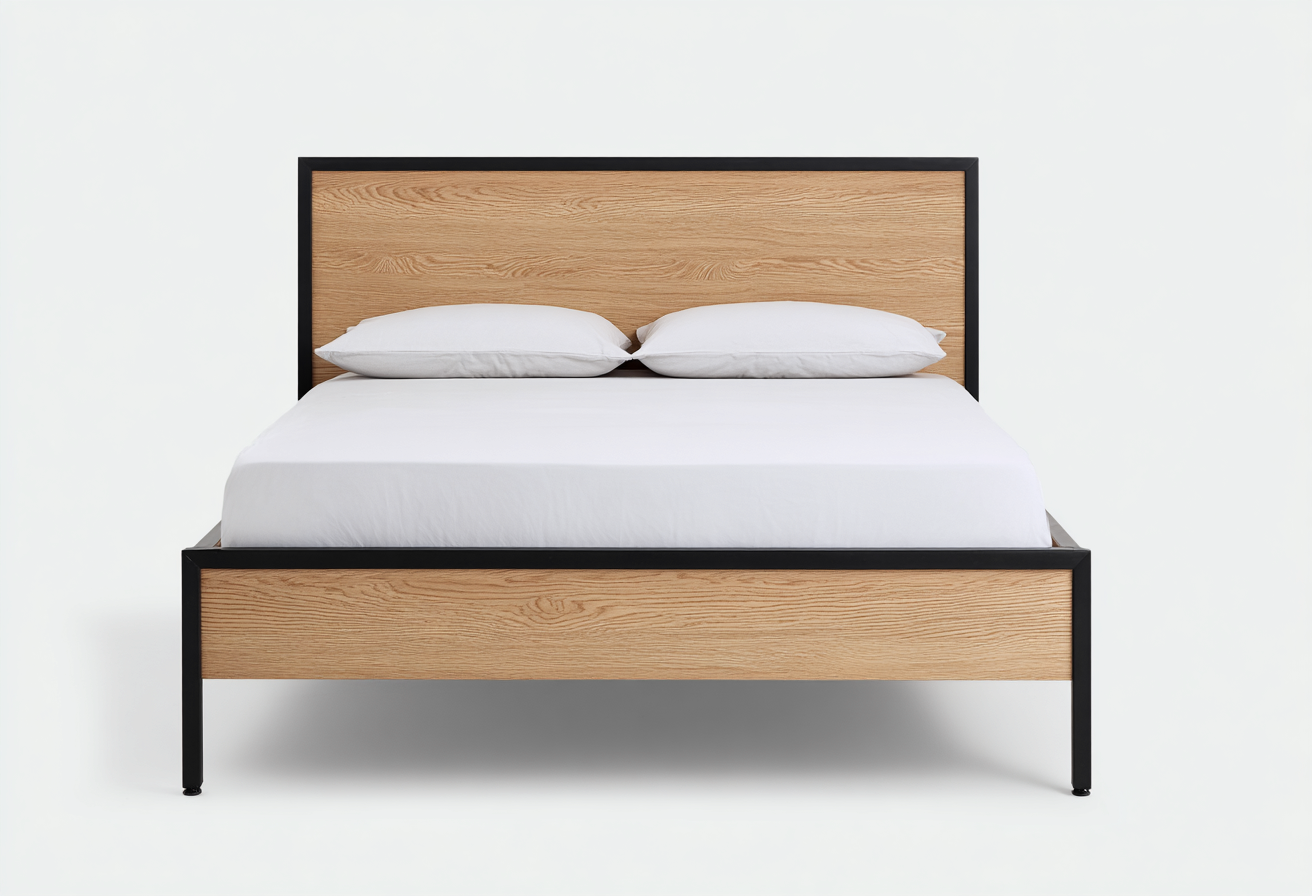 Lit double en bois et métal 200x160x100 cm - chêne naturel/noir - style moderne industriel-Comfysta