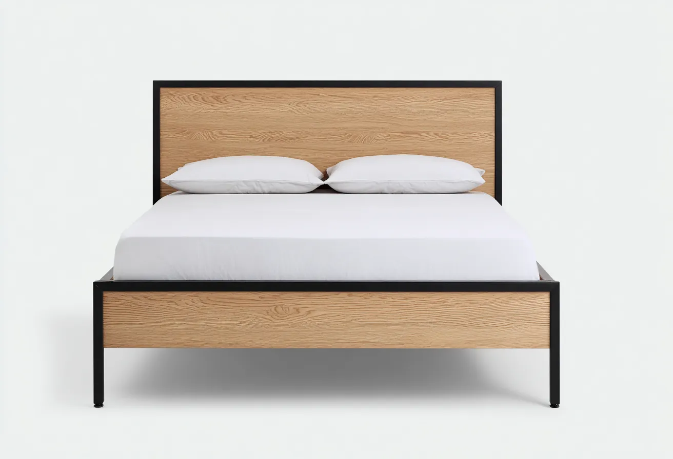 Lit double en bois et métal 200x160x100 cm - chêne naturel/noir - style moderne industriel-Comfysta