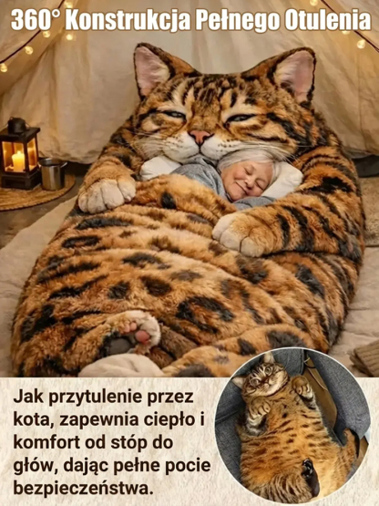 Wskocz w ramiona wielkiego kota 🐱Cieplejszy niż kaloryfer 🔥Realistyczny design kota 3D 🐾Koc śpiwór z pluszowym motywem kota dla dorosłych🧶Plusz premium trzymający ciepło🤗Odstresowujący uścisk dla dorosłych