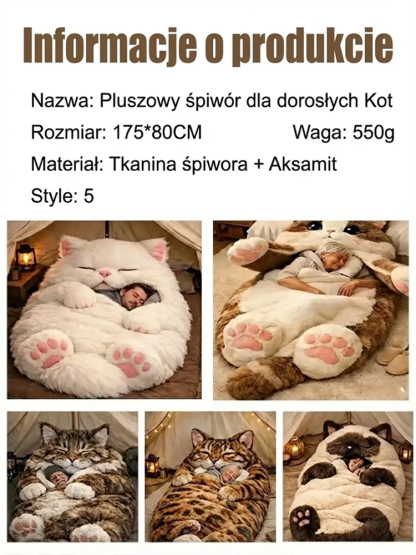 Wskocz w ramiona wielkiego kota 🐱Cieplejszy niż kaloryfer 🔥Realistyczny design kota 3D 🐾Koc śpiwór z pluszowym motywem kota dla dorosłych🧶Plusz premium trzymający ciepło🤗Odstresowujący uścisk dla dorosłych