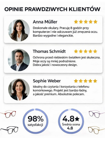 🛡️ Certyfikat CE – soczewki blokują 98% szkodliwego niebieskiego światła🪶 Oprawki TR90 + elastyczne zauszniki – wygodne przez cały dzień, nie spadają👑 Modne, duże oprawki, kilka kolorów – dla kobiet i mężczyzn, dla seniorów