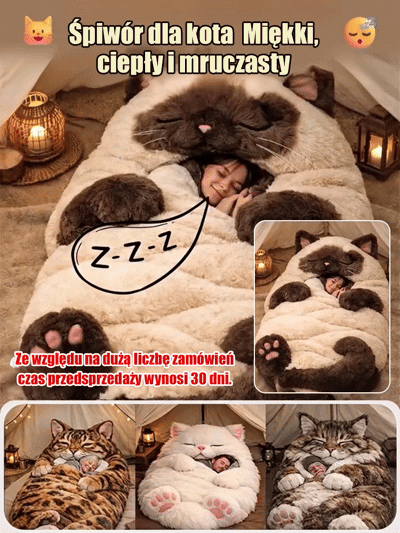 Wskocz w ramiona wielkiego kota 🐱Cieplejszy niż kaloryfer 🔥Realistyczny design kota 3D 🐾Koc śpiwór z pluszowym motywem kota dla dorosłych🧶Plusz premium trzymający ciepło🤗Odstresowujący uścisk dla dorosłych