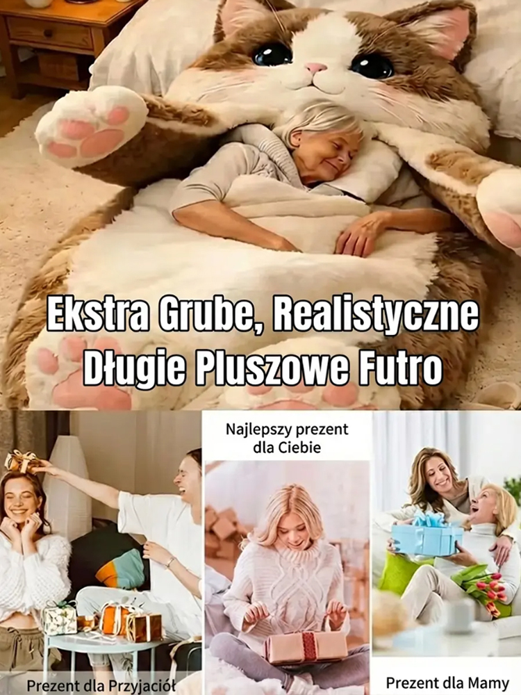 Wskocz w ramiona wielkiego kota 🐱Cieplejszy niż kaloryfer 🔥Realistyczny design kota 3D 🐾Koc śpiwór z pluszowym motywem kota dla dorosłych🧶Plusz premium trzymający ciepło🤗Odstresowujący uścisk dla dorosłych