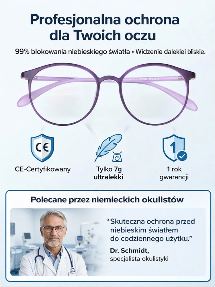 🛡️ Certyfikat CE – soczewki blokują 98% szkodliwego niebieskiego światła🪶 Oprawki TR90 + elastyczne zauszniki – wygodne przez cały dzień, nie spadają👑 Modne, duże oprawki, kilka kolorów – dla kobiet i mężczyzn, dla seniorów