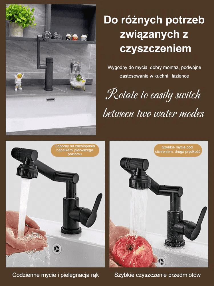Obrót o 360 stopni, 6 trybów, wytrzymałość, nadaje się zarówno do ciepłej, jak i zimnej wody!