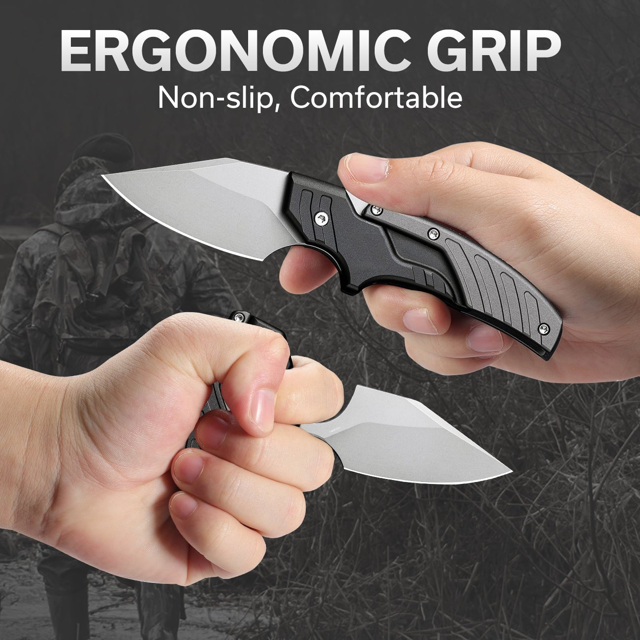 Dragon's Bite Folding knife with ergonomic grip held by two hands against a dark background