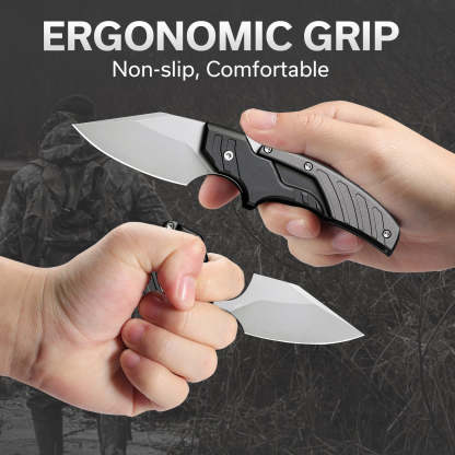Dragon's Bite Folding knife with ergonomic grip held by two hands against a dark background