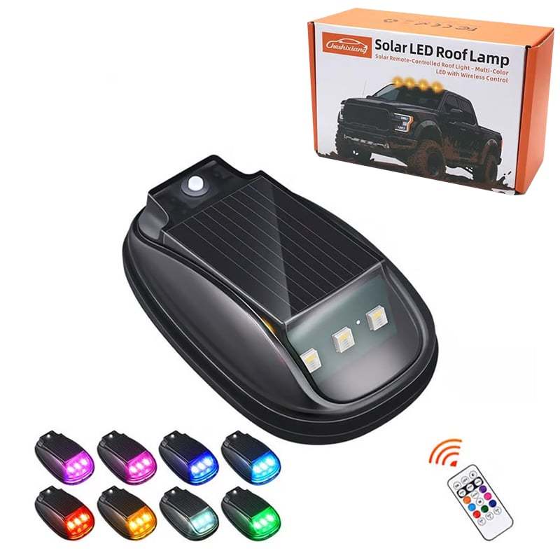 🔥Solar-powered RGB strobe light on car roof with remote control💡