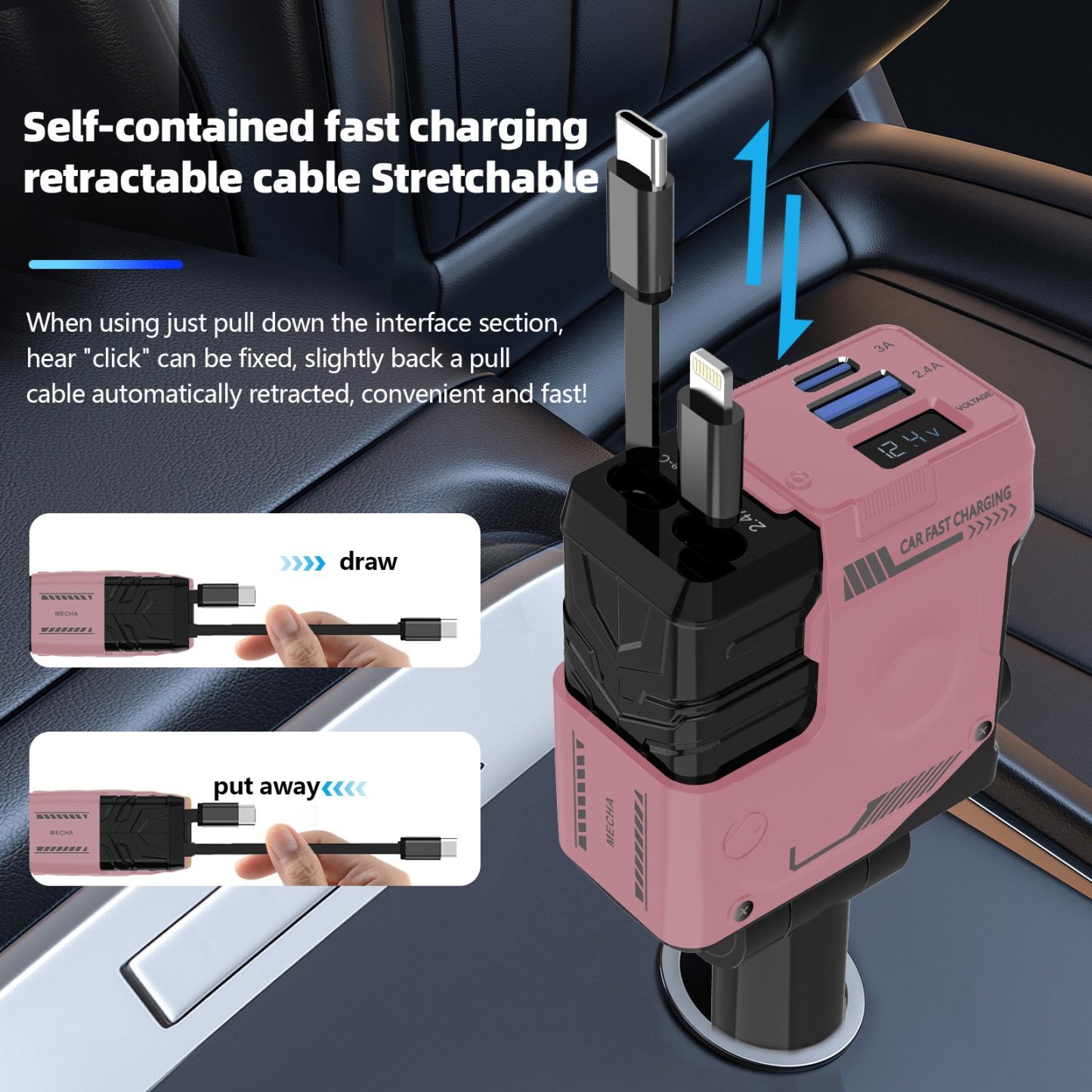 Retractable Car Charger 4 in 1 USB C Fast Charging Adapter with Dual Charge Port
