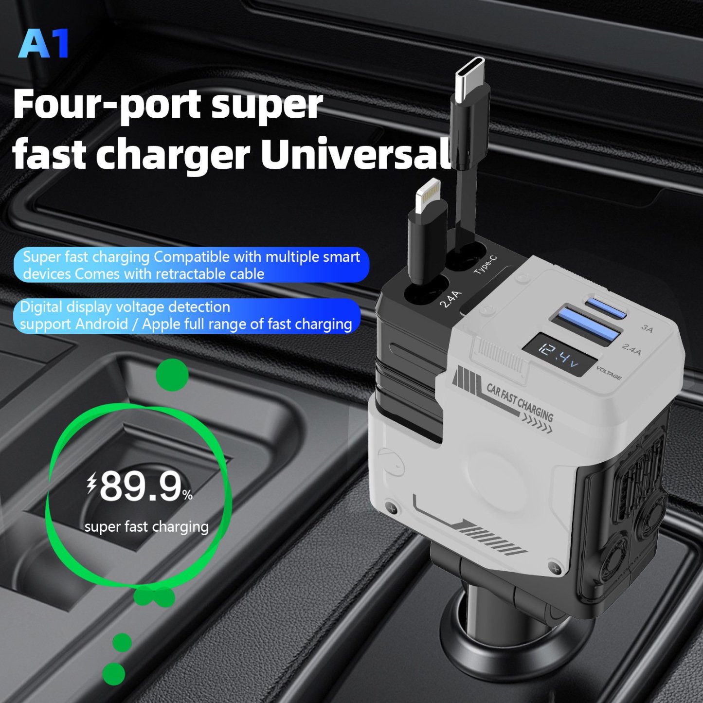Retractable Car Charger 4 in 1 USB C Fast Charging Adapter with Dual Charge Port