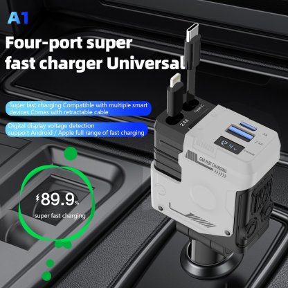 Retractable Car Charger 4 in 1 USB C Fast Charging Adapter with Dual Charge Port