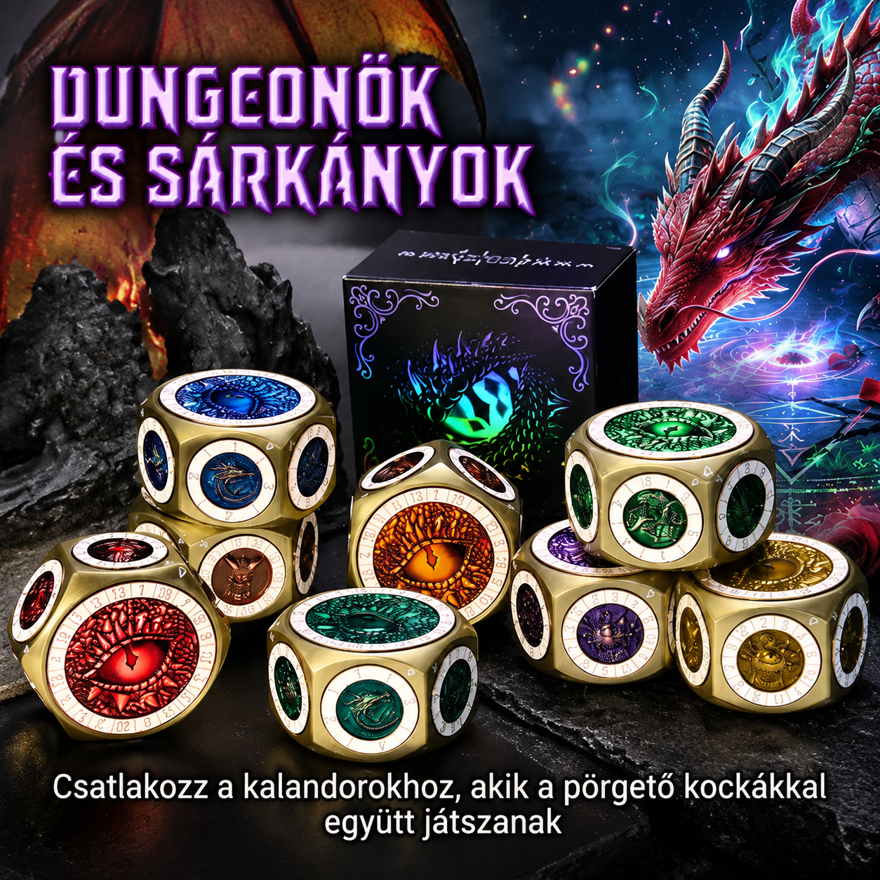 8 az 1-ben masszív, 60 mm-es fém pörgethető dobókocka 3D-s szörnygravírozással. Simán és hosszan pörög, 12 éves kortól játékosoknak. A szín meglepetés, véletlenszerűen kerül kiválasztásra!
