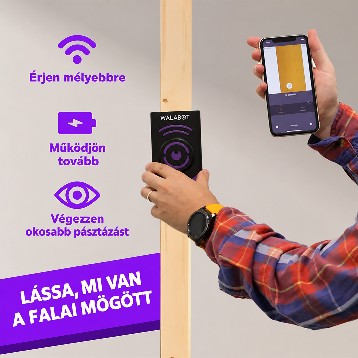 Walabot DIY 2 – Vizuális gerendakereső és falszkenner gipszkartonhoz. Érzékeli a fa- és fémgerendákat, műanyag- és fémcsöveket, valamint a feszültség alatt álló és feszültségmentes vezetékeket.