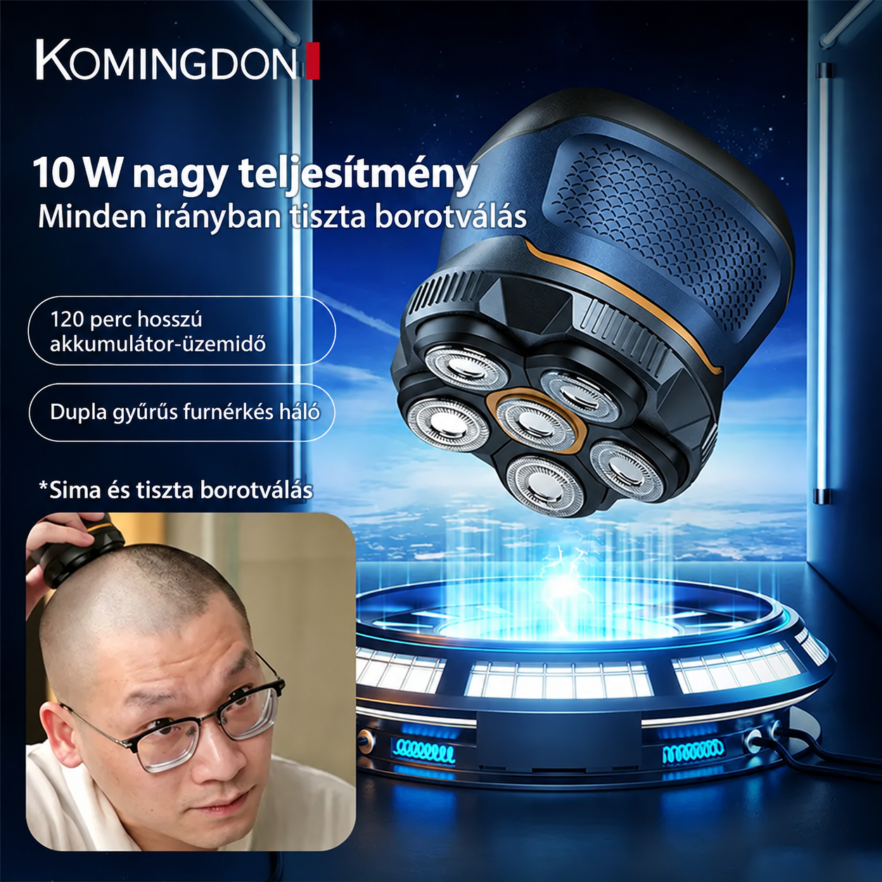 KOMINGDON 10 W-OS, NAGY TELJESÍTMÉNYŰ, VEZETÉK NÉLKÜLI HORDOZHATÓ BOROTVA – 360°-OS ALAPOS BOROTVÁLÁS, AKÁR 120 PERCES AKKUMULÁTOROS ÜZEMIDŐ, DUPLA GYŰRŰS BOROTVAFEJ ÉS BŐRKÖVETŐ BOROTVAHÁLÓ, SZEMÉLYES ÁPOLÁSHOZ.