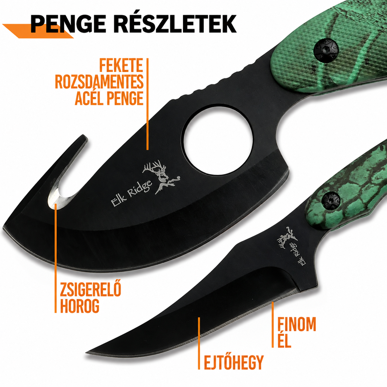 Elk Ridge 2 részes, fix pengés vadászkéskészlet – fekete rozsdamentes acél nyúzókés és zsigerelőkampós kés, ER-300CA, 7 hüvelyk / 6,5 hüvelyk (teljes hossz).